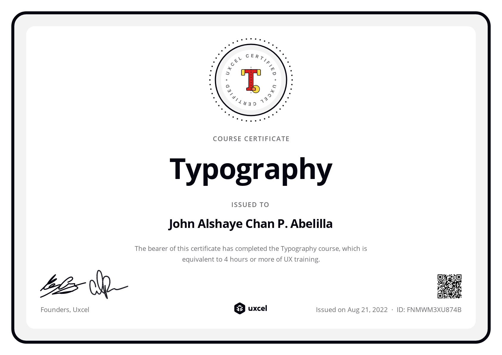 John Alshaye Chan Abelilla's certificate